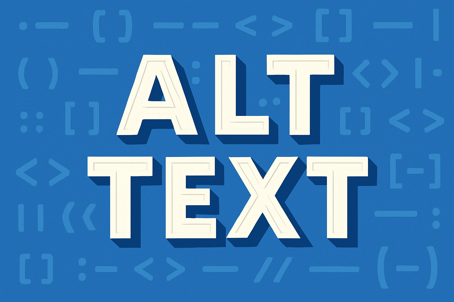 Bold white 3D-style text reading “ALT TEXT” on a blue background filled with metadata symbols like brackets, arrows, and colons in a lighter blue. The design has a fun, digital aesthetic, evoking coding and data structures.