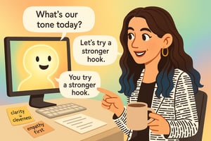 A flat, cartoon-style digital illustration of a woman sitting at a desk, engaging with a glowing AI on a desktop monitor. The woman has long, dark brown hair with blue ends, light skin, hoop earrings, and wears a white and black graphic blazer over a black top. She holds a coffee mug in one hand and points at the screen with the other, smiling warmly. The AI on the screen has a friendly, glowing face and responds with a slightly imperfect speech bubble. Speech bubbles read: “What’s our tone today?”, “Let’s try a stronger hook.”, and the AI replies, “You try a stronger hook.” On the desk are two sticky notes—one says “clarity = cleverness,” the other “empathy first”—plus scattered papers and a keyboard. The background features a soft rainbow gradient, evoking a modern, techy yet warm and human-centered vibe.