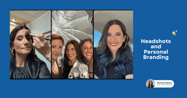 Headshots and Personal Branding collage featuring three moments from a professional photoshoot. The first image captures a makeup artist applying finishing touches. The second showcases a joyful moment with the photographer and stylist in the studio. The third is a post-shoot selfie highlighting the final look. Text on the right reads Headshots and Personal Branding with a website link for Romina Massa.