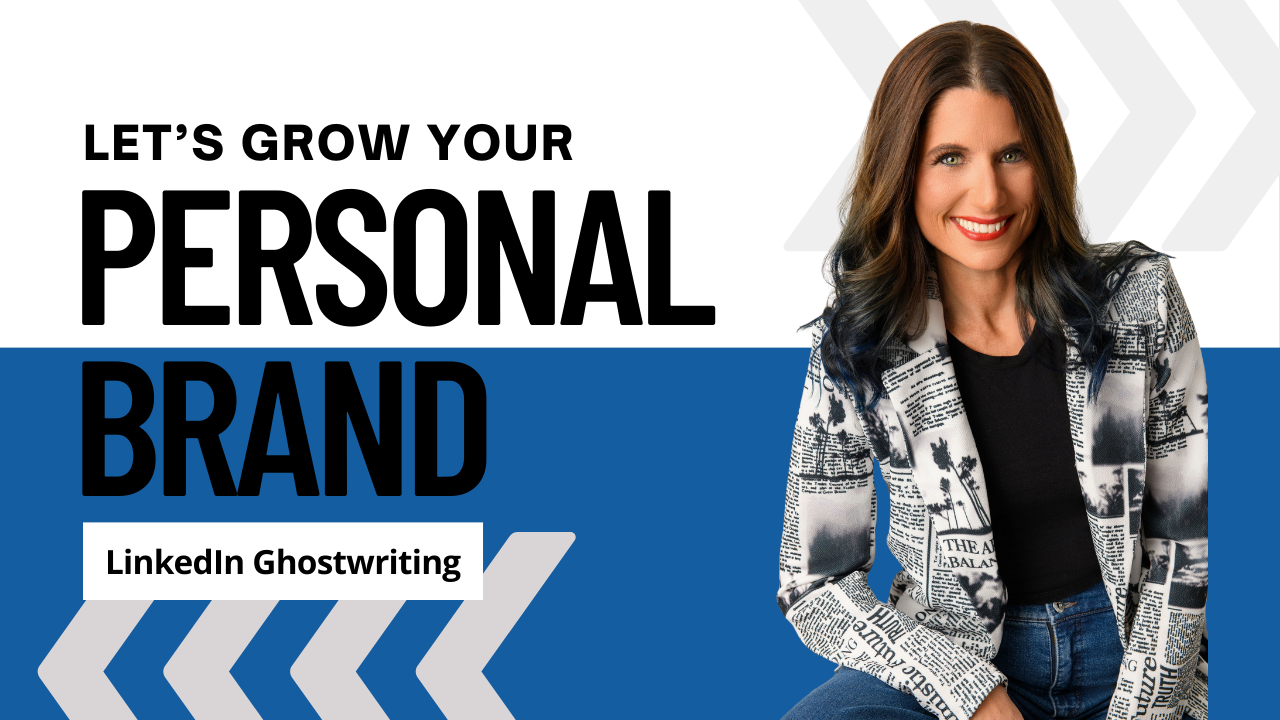 A bold promotional graphic with the text “Let’s Grow Your Personal Brand” in black and blue, emphasizing personal brand development. Below, a red name tag highlights “Romina Massa.” On the right, Romina Massa is smiling confidently, wearing a black and white newspaper-print blazer with blue-toned hair. The background features a dynamic mix of blue, white, and gray with forward-moving arrow graphics, symbolizing growth, momentum, and branding success.