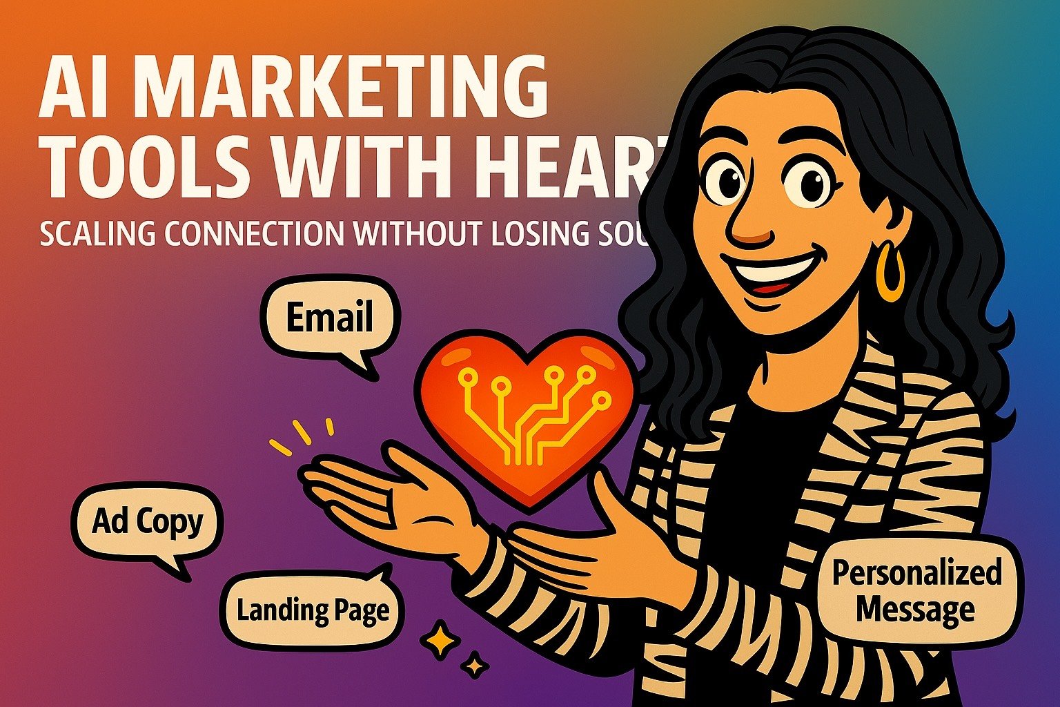 Cartoon woman smiling and holding a glowing heart-shaped circuit board, surrounded by speech bubbles labeled ‘Email,’ ‘Ad Copy,’ ‘Landing Page,’ and ‘Personalized Message,’ with the text ‘AI Marketing Tools With Heart – Scaling Connection Without Losing Soul’ on a warm gradient background.