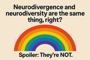 A beige background features bold black text at the top that reads, “Neurodivergence and neurodiversity are the same thing, right?” Below is a bright, multi-color rainbow spanning the width of the image. At the bottom, in large text, it says, “Spoiler: They’re NOT.”