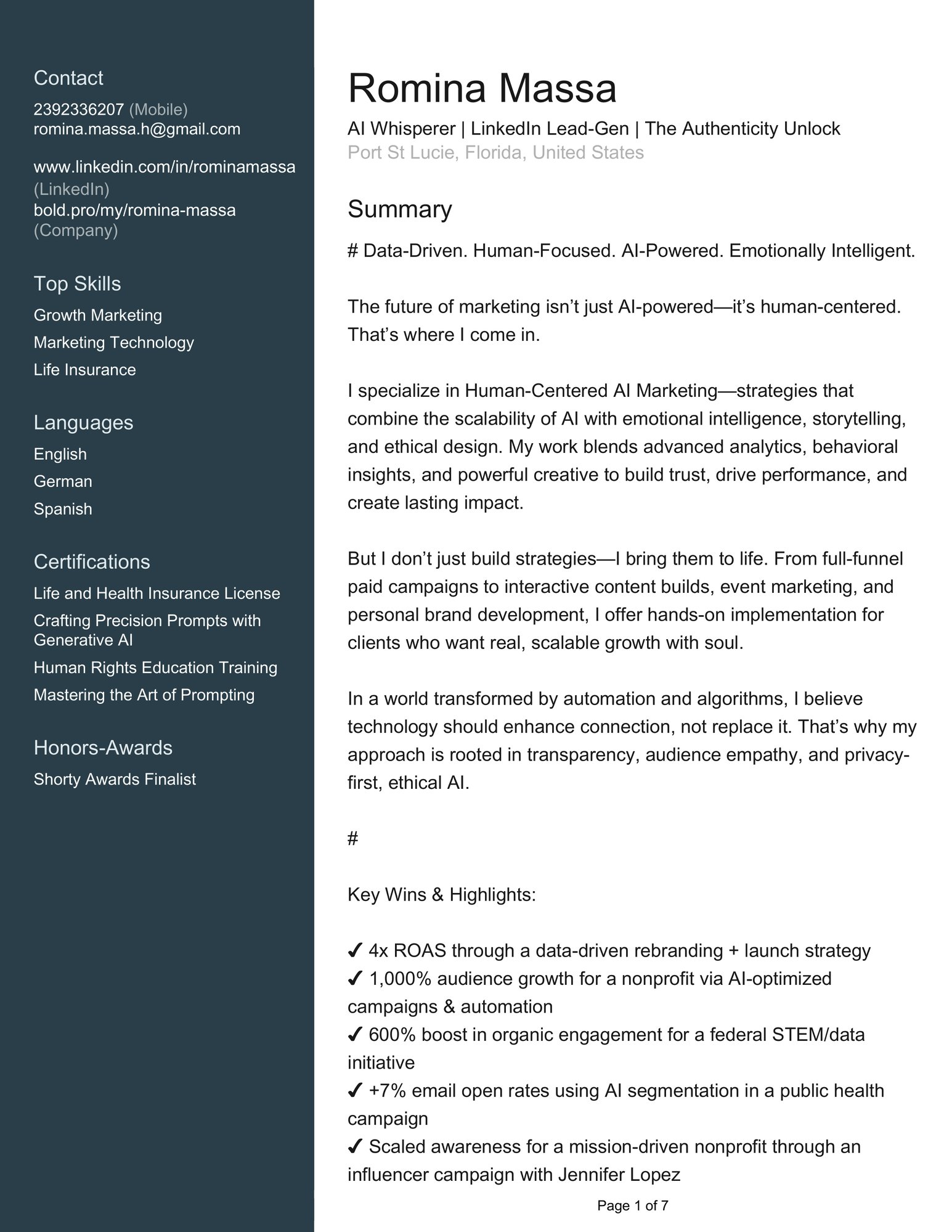 Resume of Romina Massa, AI-Powered Digital Marketing Strategist. Clean, modern layout with bold section headings. The header includes name, title, and contact information. Sections include: Summary highlighting AI-driven and human-centered marketing; Core Competencies such as ethical AI, growth strategy, and emotionally intelligent lead generation; Experience including leadership roles at SAIC, BETAH, and freelance consulting; Notable Achievements with quantifiable marketing impact; Education and Certifications; and Technical Skills. Overall, the resume emphasizes strategic storytelling, performance optimization, and data-backed marketing leadership.