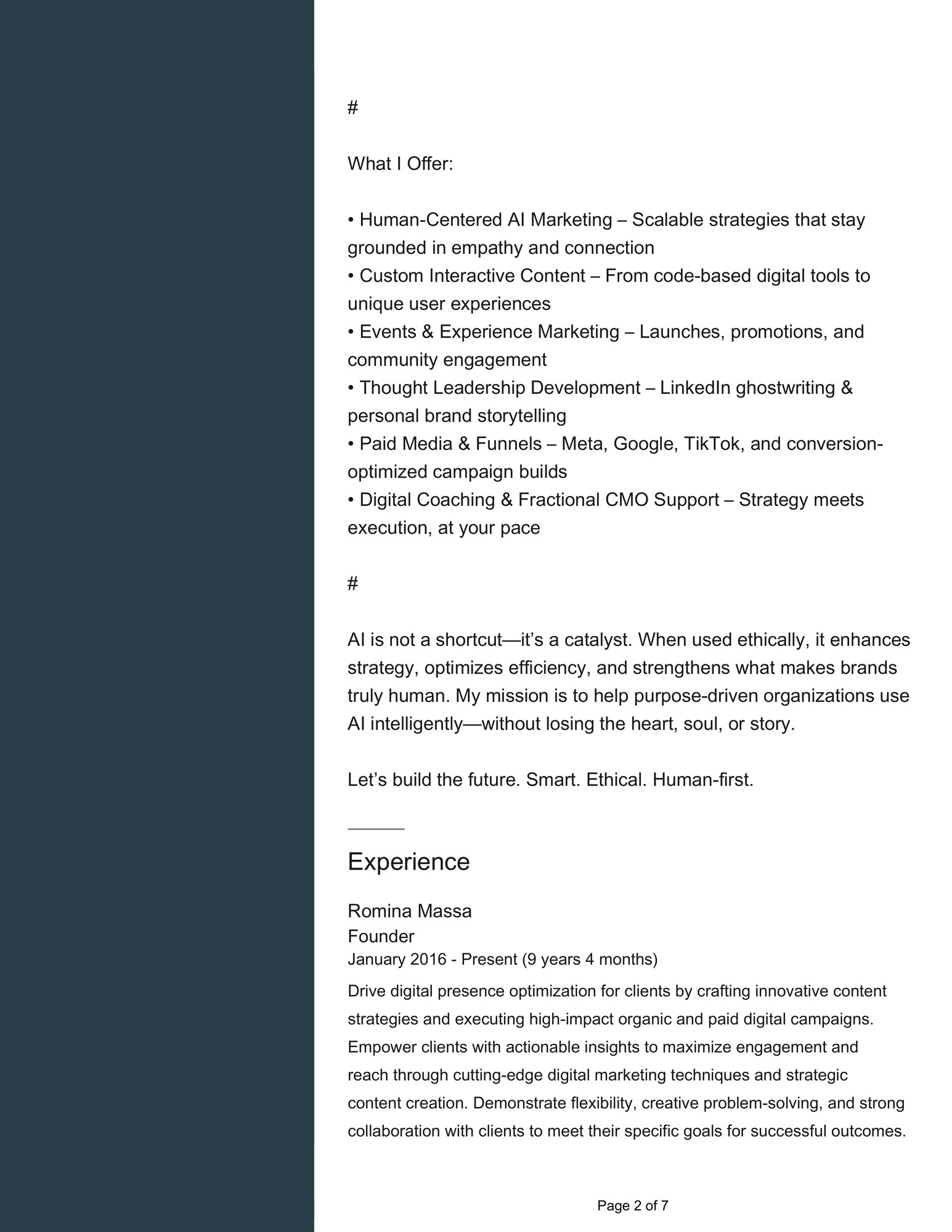 Resume of Romina Massa, AI-Powered Digital Marketing Strategist. Clean, modern layout with bold section headings. The header includes name, title, and contact information. Sections include: Summary highlighting AI-driven and human-centered marketing; Core Competencies such as ethical AI, growth strategy, and emotionally intelligent lead generation; Experience including leadership roles at SAIC, BETAH, and freelance consulting; Notable Achievements with quantifiable marketing impact; Education and Certifications; and Technical Skills. Overall, the resume emphasizes strategic storytelling, performance optimization, and data-backed marketing leadership.