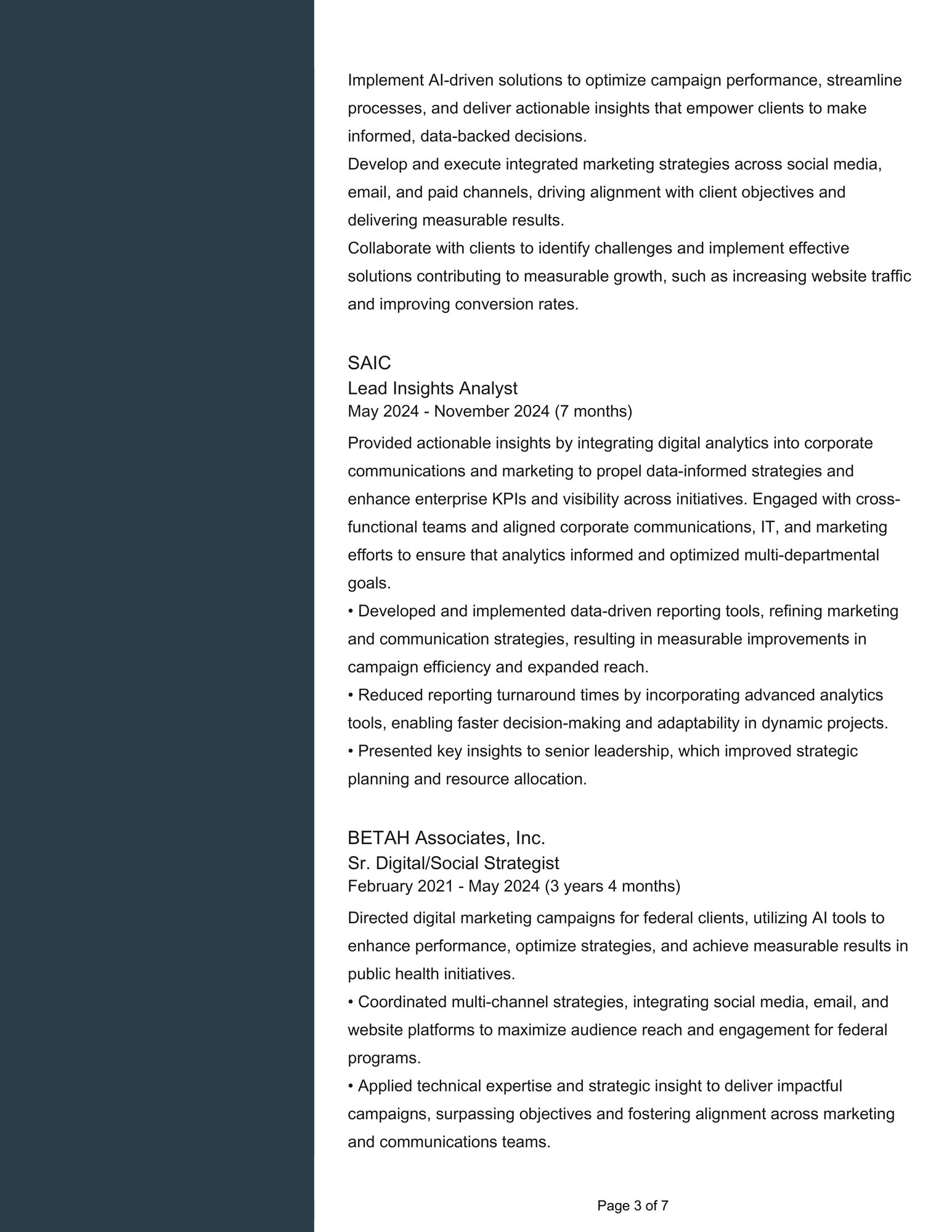 Resume of Romina Massa, AI-Powered Digital Marketing Strategist. Clean, modern layout with bold section headings. The header includes name, title, and contact information. Sections include: Summary highlighting AI-driven and human-centered marketing; Core Competencies such as ethical AI, growth strategy, and emotionally intelligent lead generation; Experience including leadership roles at SAIC, BETAH, and freelance consulting; Notable Achievements with quantifiable marketing impact; Education and Certifications; and Technical Skills. Overall, the resume emphasizes strategic storytelling, performance optimization, and data-backed marketing leadership.