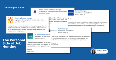 A collage of job rejection emails from various companies, overlaid with the quote “It’s not you, it’s us.” and the title “The Personal Side of Job Hunting.