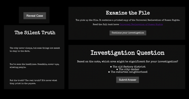 Screenshots from The Silent Truth, an interactive noir detective game. The game interface features a mystery investigation, decision-making prompts, and references to the Universal Declaration of Human Rights.