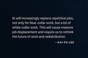 Quote by Kai-Fu Lee on a dark blue background with circuit patterns, stating that AI will displace jobs across sectors and require rethinking work and redistribution.