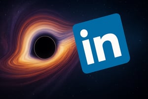 Digital illustration of the LinkedIn logo being pulled into a swirling black hole in space, symbolizing the current decline in post visibility and engagement on the platform.