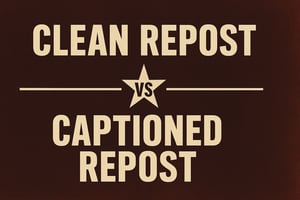 A vintage boxing-style promotional graphic with a dark reddish-brown background. Bold cream-colored text reads “Clean Repost” at the top and “Captioned Repost” at the bottom, separated by a centered star with “VS” in the middle. The design mimics an old-school fight night poster, emphasizing the contrast between the two reposting styles.