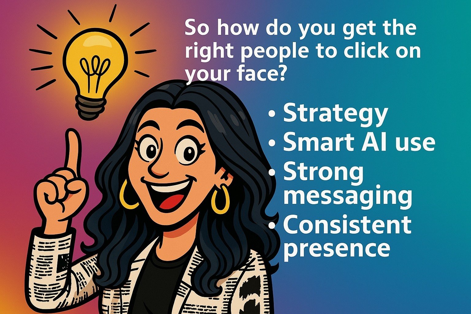 Woman smiling and pointing up at a glowing idea bulb. Text reads: “So how do you get the right people to click on your face? • Strategy • Smart AI use • Strong messaging • Consistent presence”