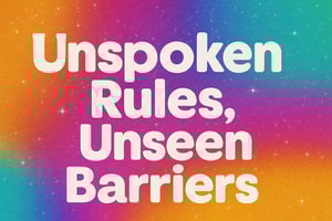 Bold white text reads “Unspoken Rules, Unseen Barriers” over a vibrant, sparkly gradient background that transitions from orange to pink to blue to green. The type is rounded and soft, evoking warmth and clarity, while the shimmering stars in the background hint at hidden challenges and quiet resilience.