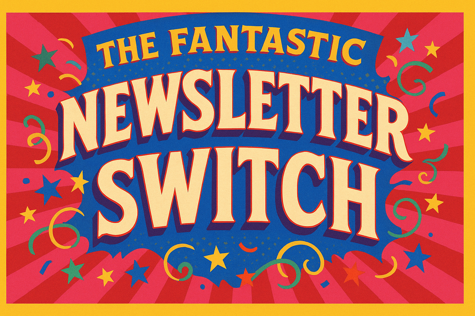 A colorful circus-themed poster with bold, vintage-style lettering that reads “The Fantastic Newsletter Switch.” The background features red and pink radial stripes, a vibrant blue banner, and festive confetti, stars, and streamers in bright yellows, greens, and blues. The design evokes the energy and flair of a classic big-top circus.