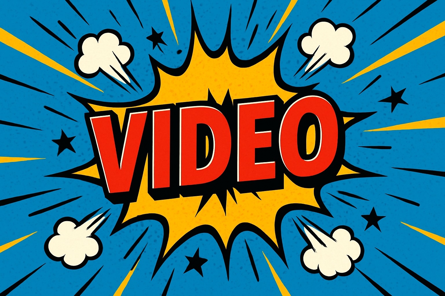Comic book-style banner with the word “VIDEO” in bold red letters at the center of a yellow explosion, surrounded by dynamic motion lines, stars, and cartoon clouds on a blue halftone background—evoking energy, excitement, and attention.