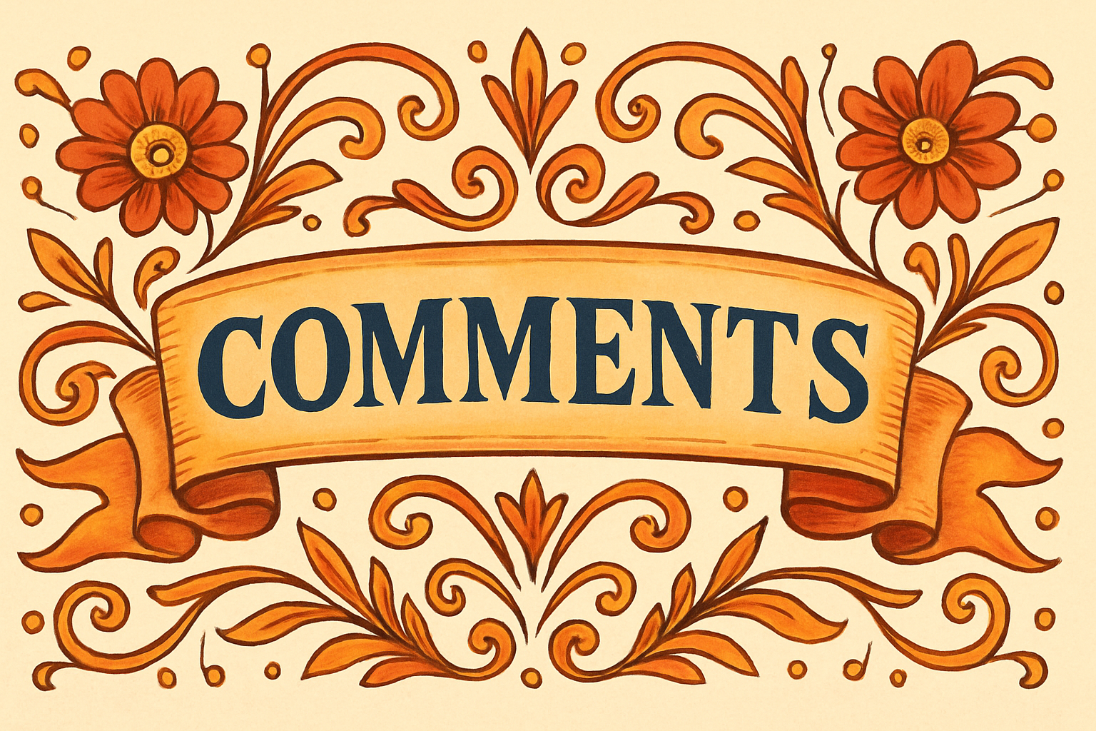 An ornate, vintage-style banner illustration with the word “COMMENTS” in bold navy serif lettering across a curved golden scroll. The banner is surrounded by whimsical orange and red floral flourishes, swirls, and leaves, creating a warm, playful, and overly decorative aesthetic. The background is a soft cream color, giving it a hand-drawn, old-world charm.