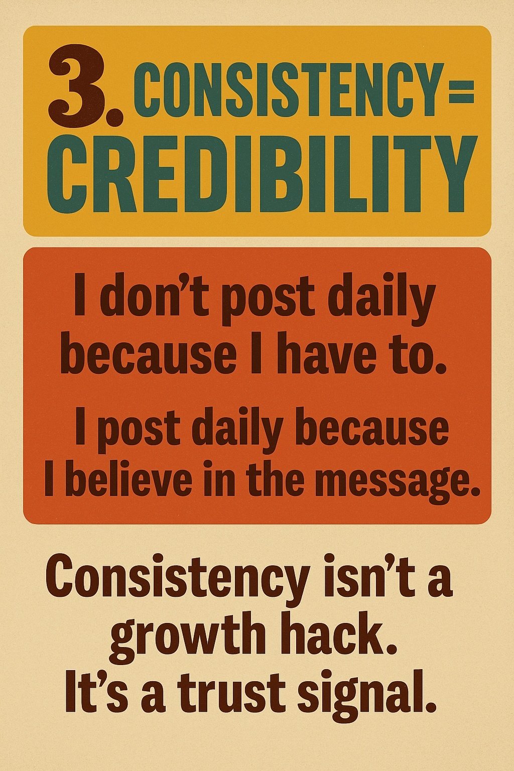 Header: “3. Consistency = Credibility” in teal on mustard. Block in burnt orange: “I don’t post daily because I have to. I post daily because I believe in the message.” Final lines: “Consistency isn’t a growth hack. It’s a trust signal.”